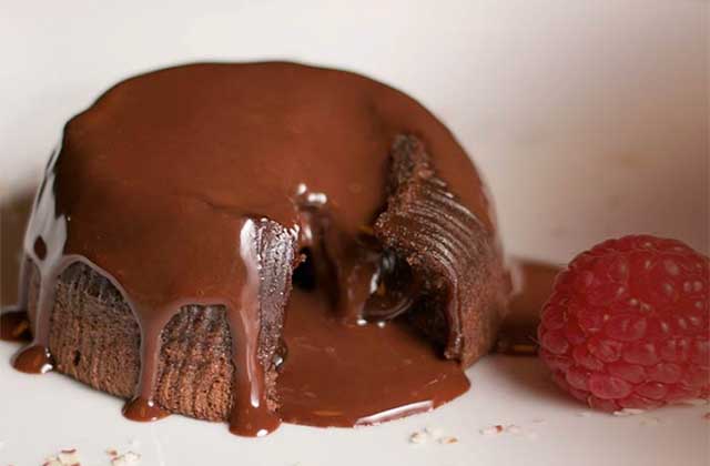 chocolate souffle with raspberry garnish at chocolate museum cafe orlando