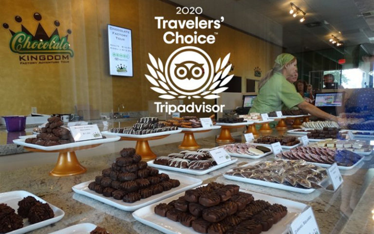 chocolate truffles in display case with 2020 tripadvisor travelers choice at chocolate kingdom