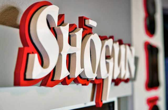 closeup of red and white shogun sign at shogun japanese steakhouse sakura sushi orlando