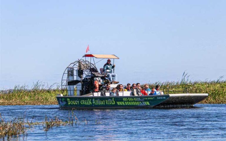 crowded airboat on wetlands with reeds at boggy creek airboat adventures kissimmee