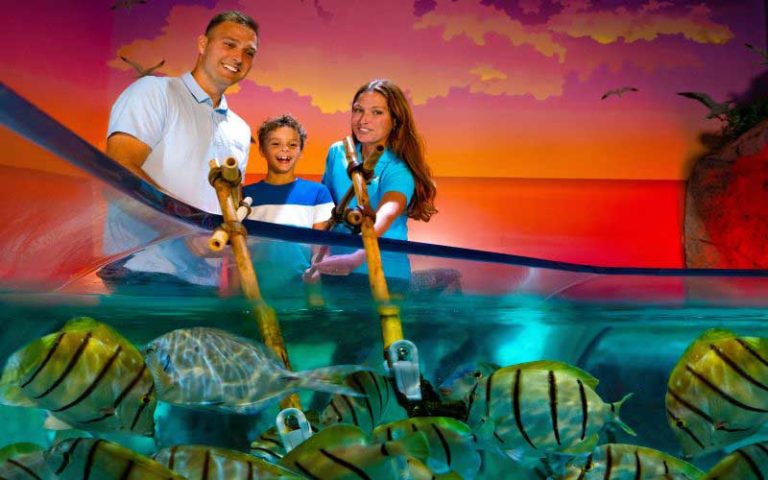 family of three extending feeding frenzy poles into tank of swarming fish at sealife orlando aquarium at icon park