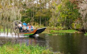 group on airboat tour in wetlands at wild florida adventure park
