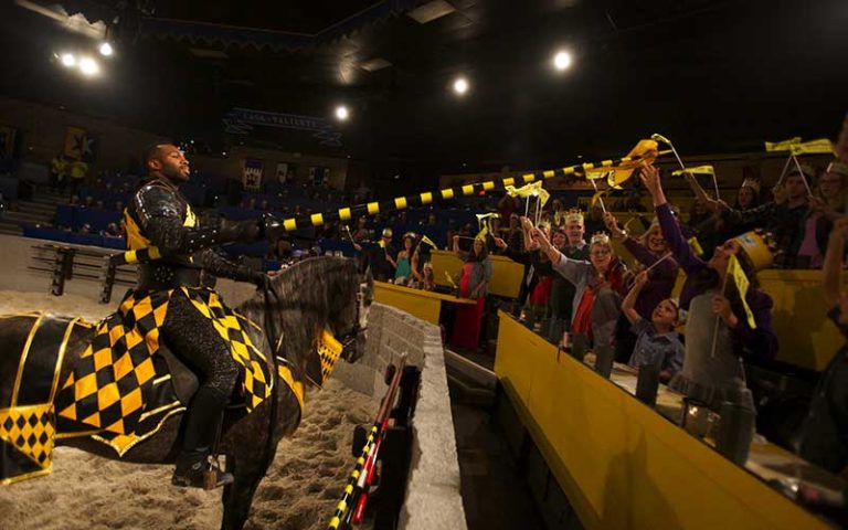 knight extending lance into stands for fans cheering at medieval times dinner and tournament orlando