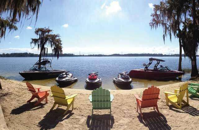 lakeside beach chairs with jet skis and wake boats at buena vista watersports orlando