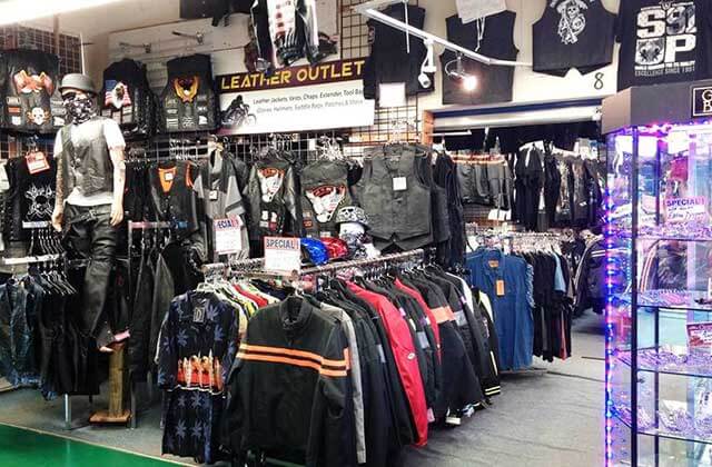 shelves and racks of leather biker apparel at maingate flea market kissimmee