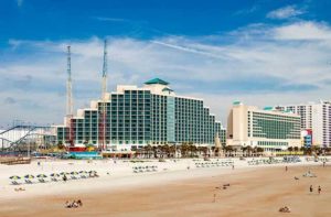 aerial of a beach with amusement park hotels and umbrellas at daytona beach destination feature