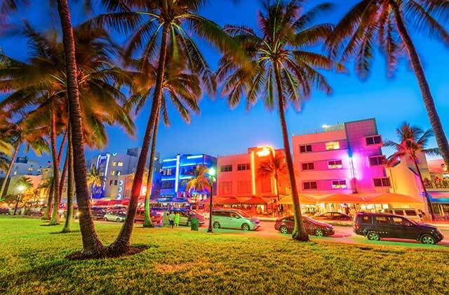 colorfully lit buildings with palm trees along ocean drive at greater miami destination feature