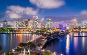 downtown city skyline at night with high rise buildings and pier at st petersburg feature