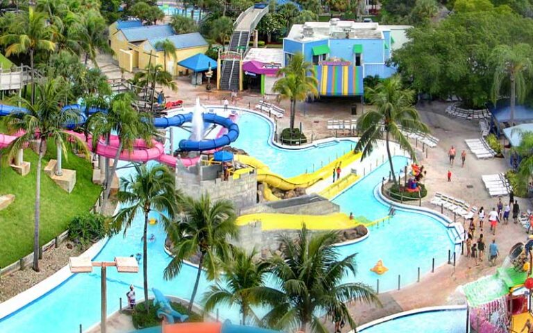 aerial view from tower ride of tubes and slides and lazy river at rapids water park west palm beach