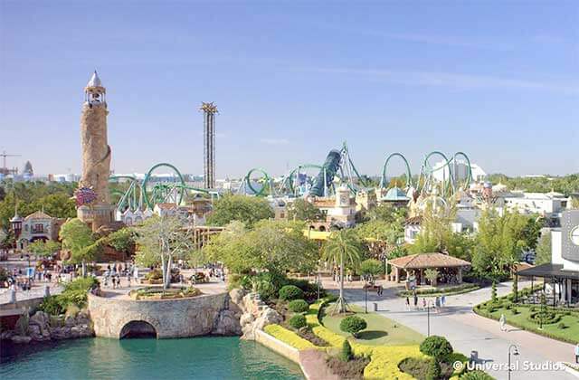 aerial view of front gate with looping rides along skyline at universals islands of adventure theme park orlando