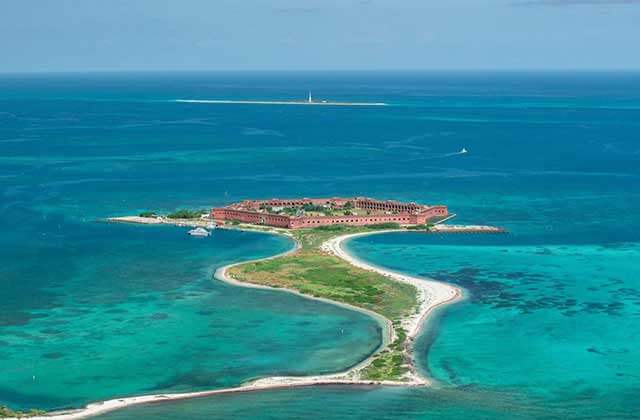 aerial view of island with fort at dry tortugas national park ferry key west