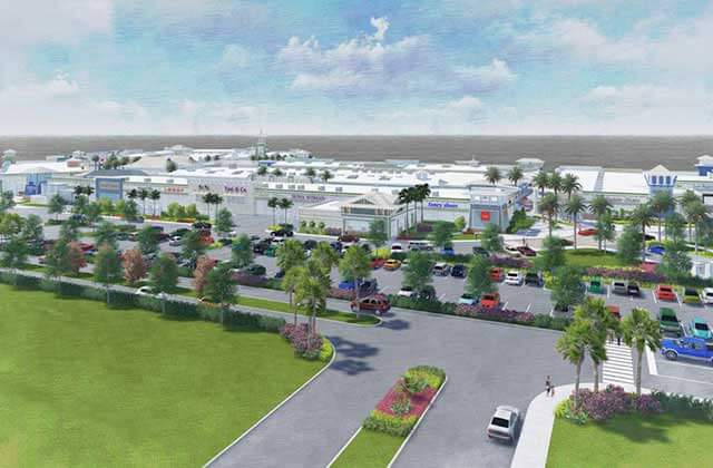 aerial view of outdoor shopping area with palm trees at tampa premium outlets florida