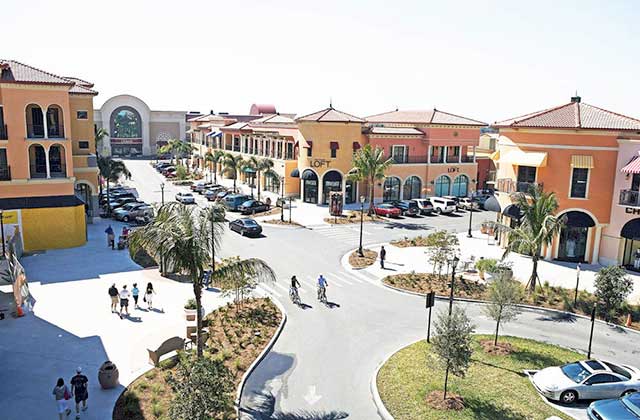 aerial view of outdoor shopping center with stores at coconut point estero florida