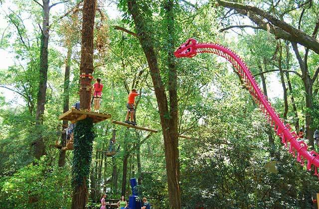climbers walking along ropes course in the trees with a dinosaur skeleton statue at tallahassee museum florida