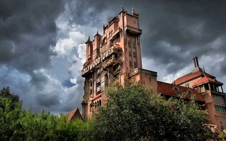 dramatic view from below of twilight zone tower of terror at disneys hollywood studios walt disney world resort orlando