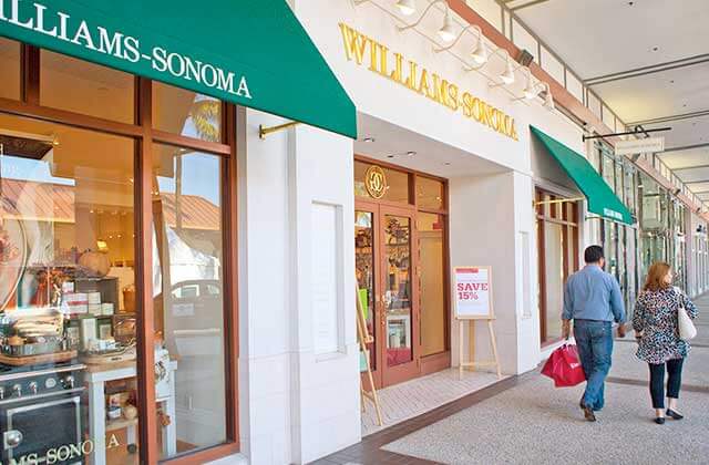 exterior storefront of williams sonoma with shoppers at the falls miami florida