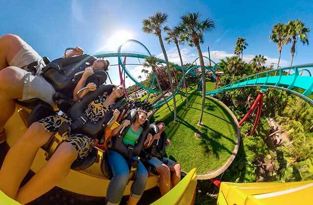 fish eye view of riders flipping on roller coaster at busch gardens tampa bay theme park zoo