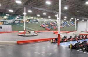 go kart track with a nascar mural at k1 speed indoor kart racing orlando