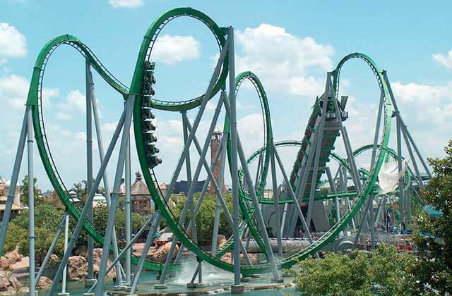 green incredible hulk roller coaster ride with twists and loops at universals islands of adventure theme park orlando