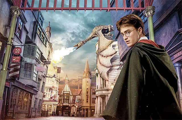 harry potter character in a street scene with a dragon in diagon alley at universal studios florida theme park orlando