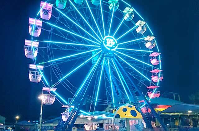 lighted neon ferris wheel ride at night at fun spot america orlando