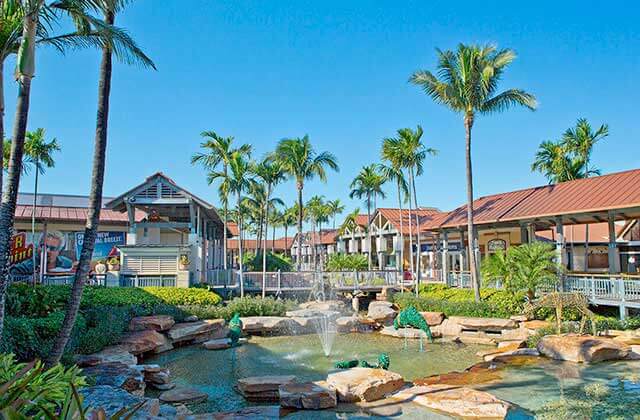 lush tropical landscaping around water with a fountain and bridge in an outdoor shopping area at the falls miami florida