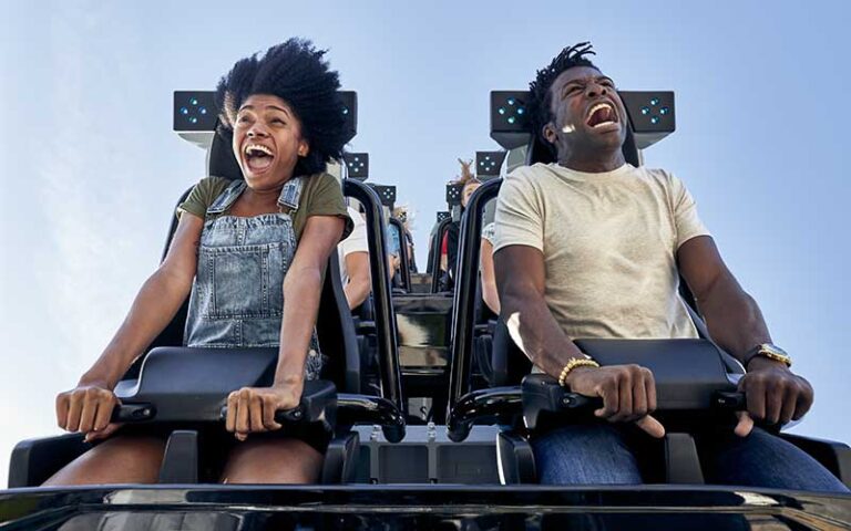 man and woman screaming on coaster ride at universal islands of adventure orlando