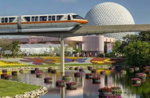 monorail gliding over flower beds and landscaping for the flower and garden festival with globe in the background at disney epcot theme park orlando