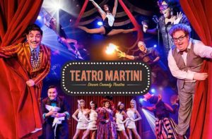 montage of performers with a marquee sign for teatro martini dinner comedy theatre orlando