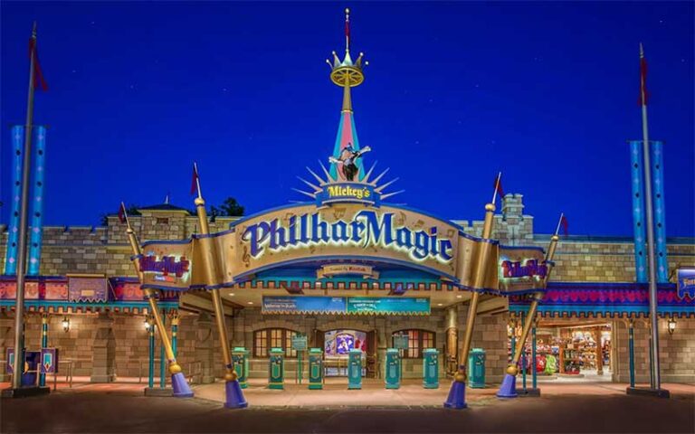 night view of front entrance philharmagic theater at magic kingdom walt disney world resort orlando