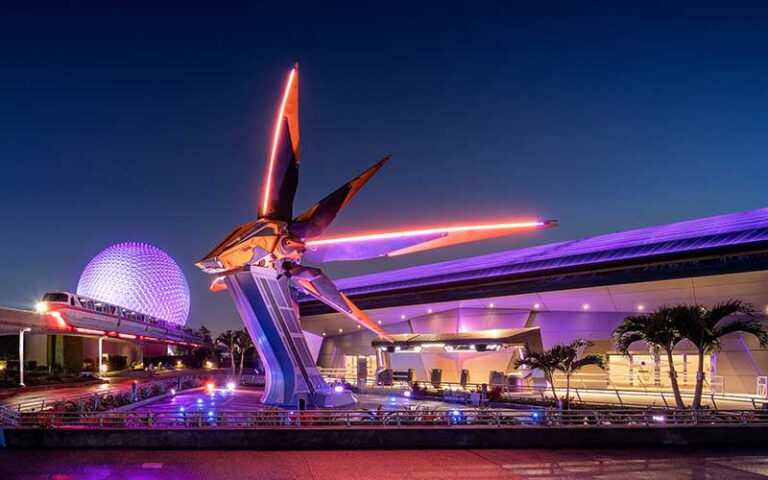 night view of globe monorail and spaceship at guardians of the galaxy cosmic rewind at epcot walt disney world resort orlando
