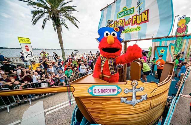 pirate themed elmo character rides parade float at busch gardens tampa bay theme park zoo