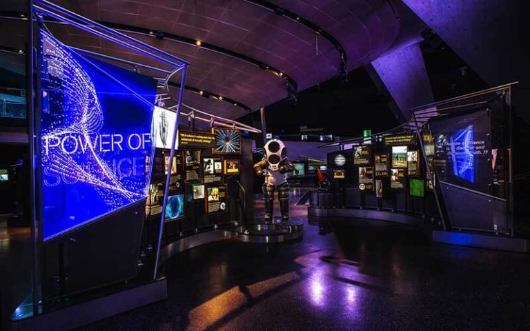 power of science exhibition with blue lighting display at frost science miami florida