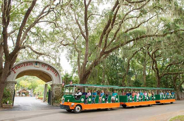 trolley bus parked at fountain of youth gateway with trees at old town trolley tours st augustine