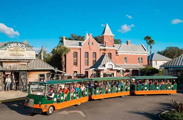 trolley bus parked with buildings at old town trolley tours st augustine