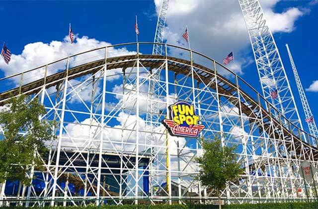 wooden roller coaster with fun spot sign at fun spot america orlando