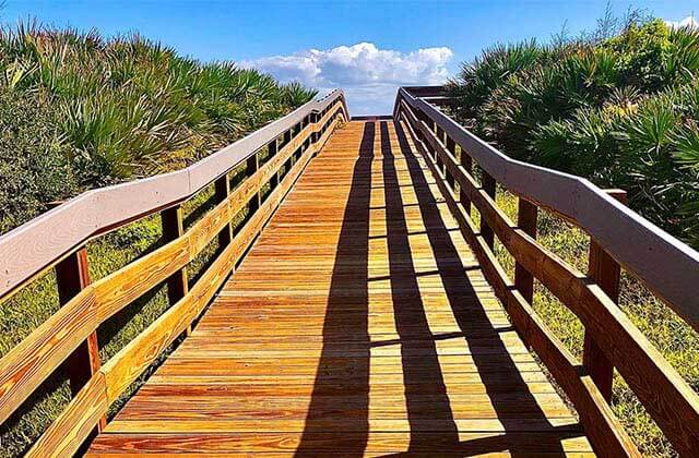 wooden boardwalk with palms leading to beach at playalinda beach canaveral national seashore