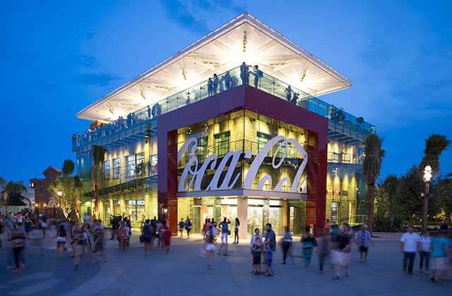 coca cola storefront lit up at night at disney springs lake buena vista orlando