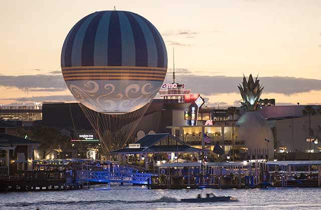 hot air balloon ride with a twilight skyline at disney springs lake buena vista orlando