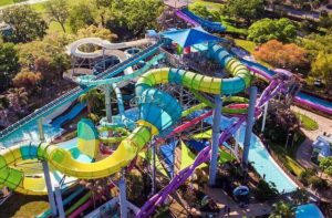 aerial view of multiple water slide rides at adventure island tampa bay