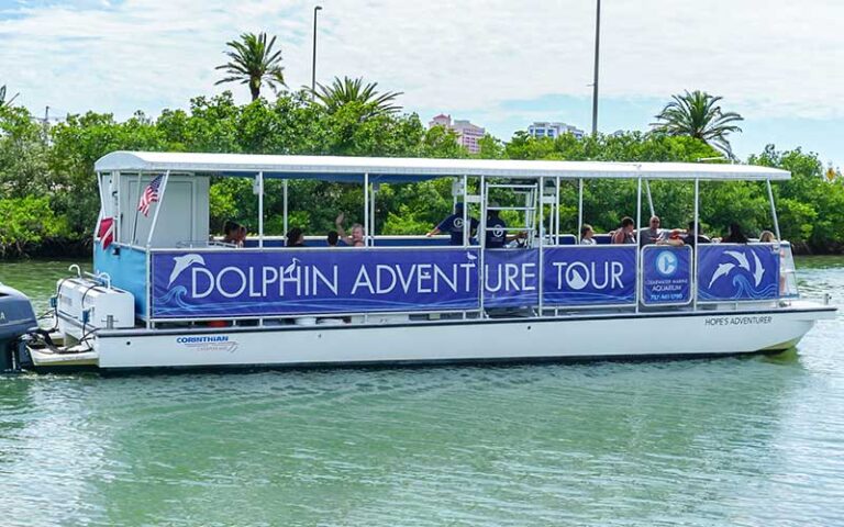 canopied tour boat with group moving on inlet for dolphin adventure tour at clearwater marine aquarium