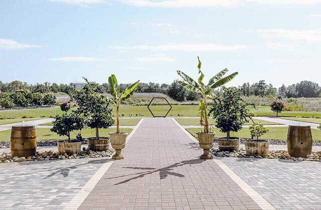 paved sidewalk with grass, trees and wine barrel decor at island grove wine company at formosa gardens kissimmee