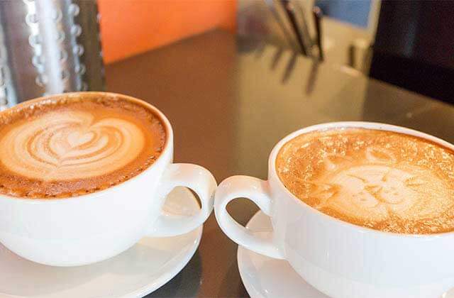 two lattes in cups with froth art of a cat and a heart at orlando cat cafe clermont