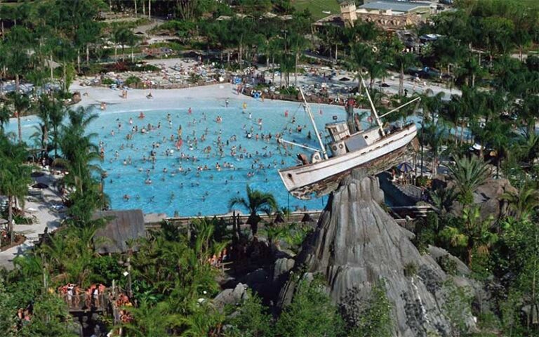 aerial view of water park with wave pool and stranded boat tower at disneys typhoon lagoon water park walt disney world resort orlando