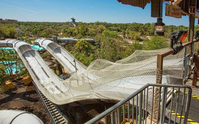 pair of slides with nets over and aerial view at crush n gusher at disneys typhoon lagoon water park walt disney world resort orlando