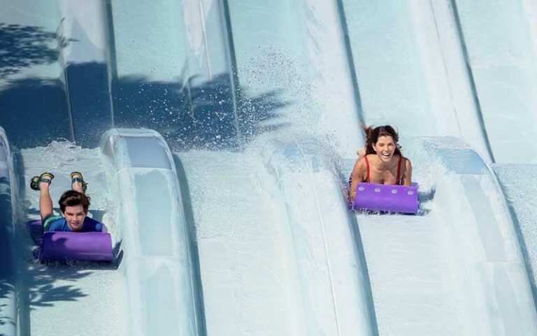 rows of blue slides with two racers at disneys blizzard beach walt disney world resort orlando