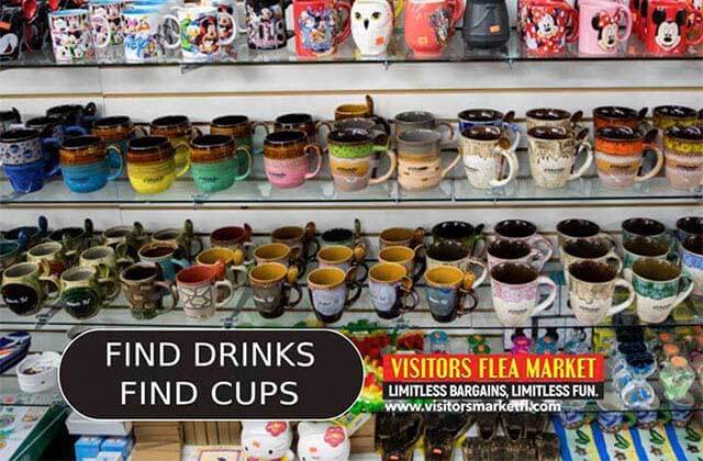shelves of souvenir mugs at visitors flea market kissimmee