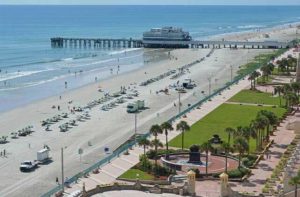 aerial view of a drive-on beach with pier at daytona area beaches