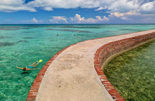brick fort wall and scuba diver in green water at florida keys beaches