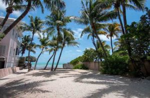 a sand lot with a beach house fences and palm trees at key west beaches